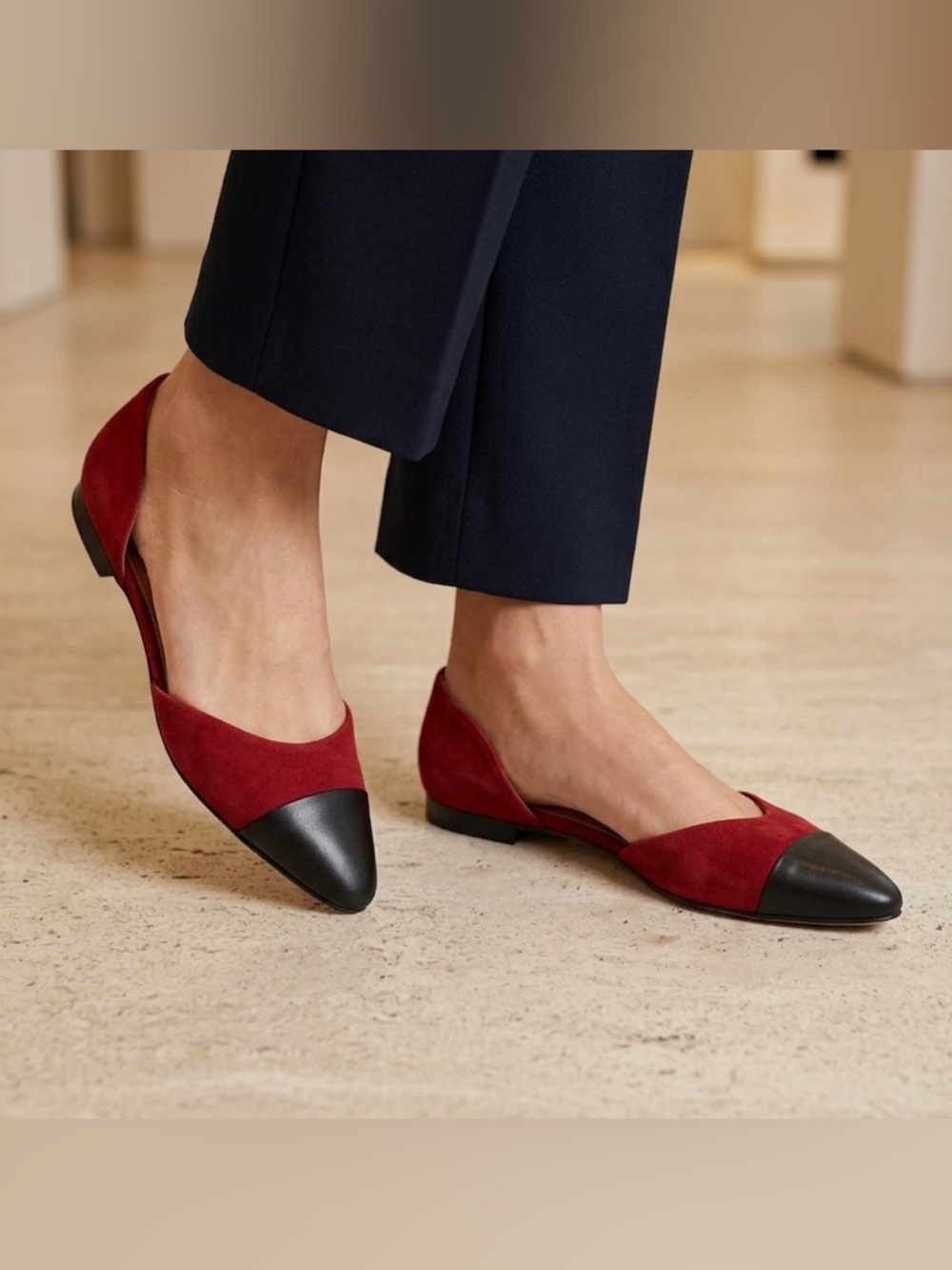 J Jill size 7.5 Red Suede Pointed-Toe D'Orsay Flats with Black Cap Toe